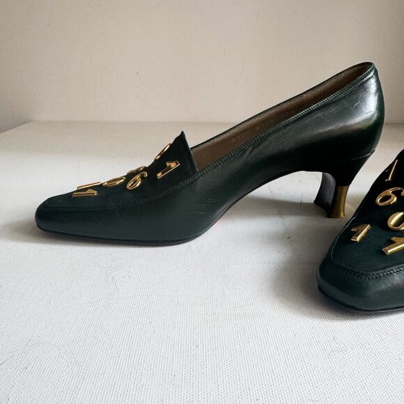 Vintage Colette Dark Forest Green Numbers Detail Kitten Heel Suede Heels 35.5 - Picture 7 of 10